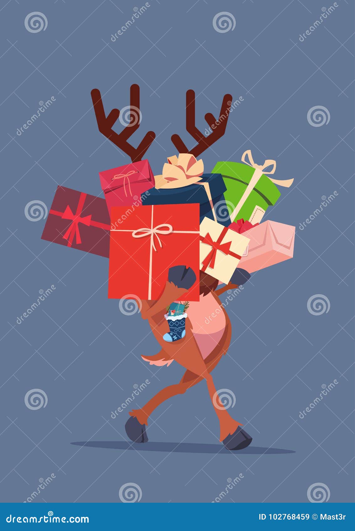 Elf Holding Gift Boxes Stack Over Gray Background Christmas Holiday