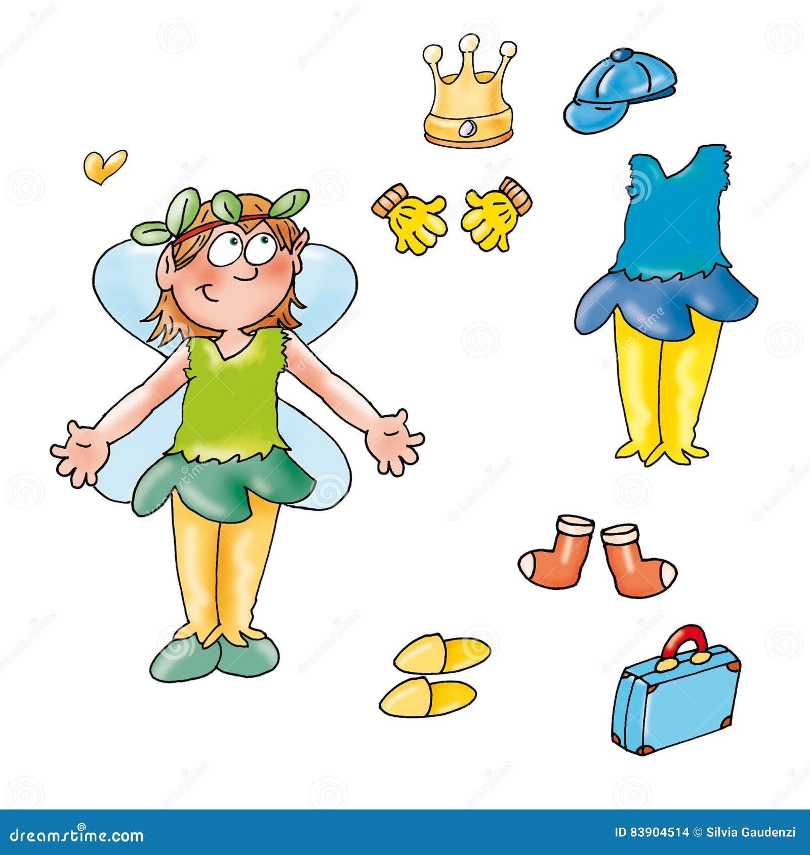 Elf with Wings and Change Clothes and Magic Items. Stock Illustration