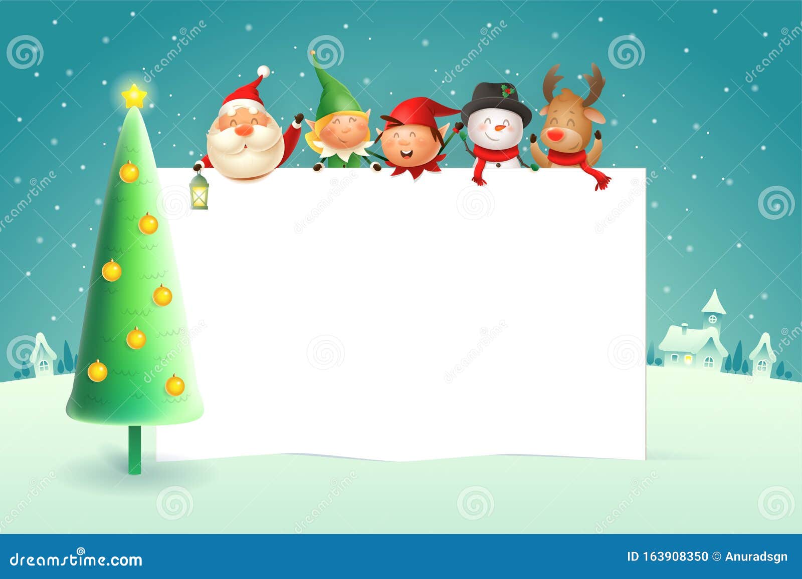 christmas poster template with santa claus elves snowman reindeer and christmas tree - winter landscape on background