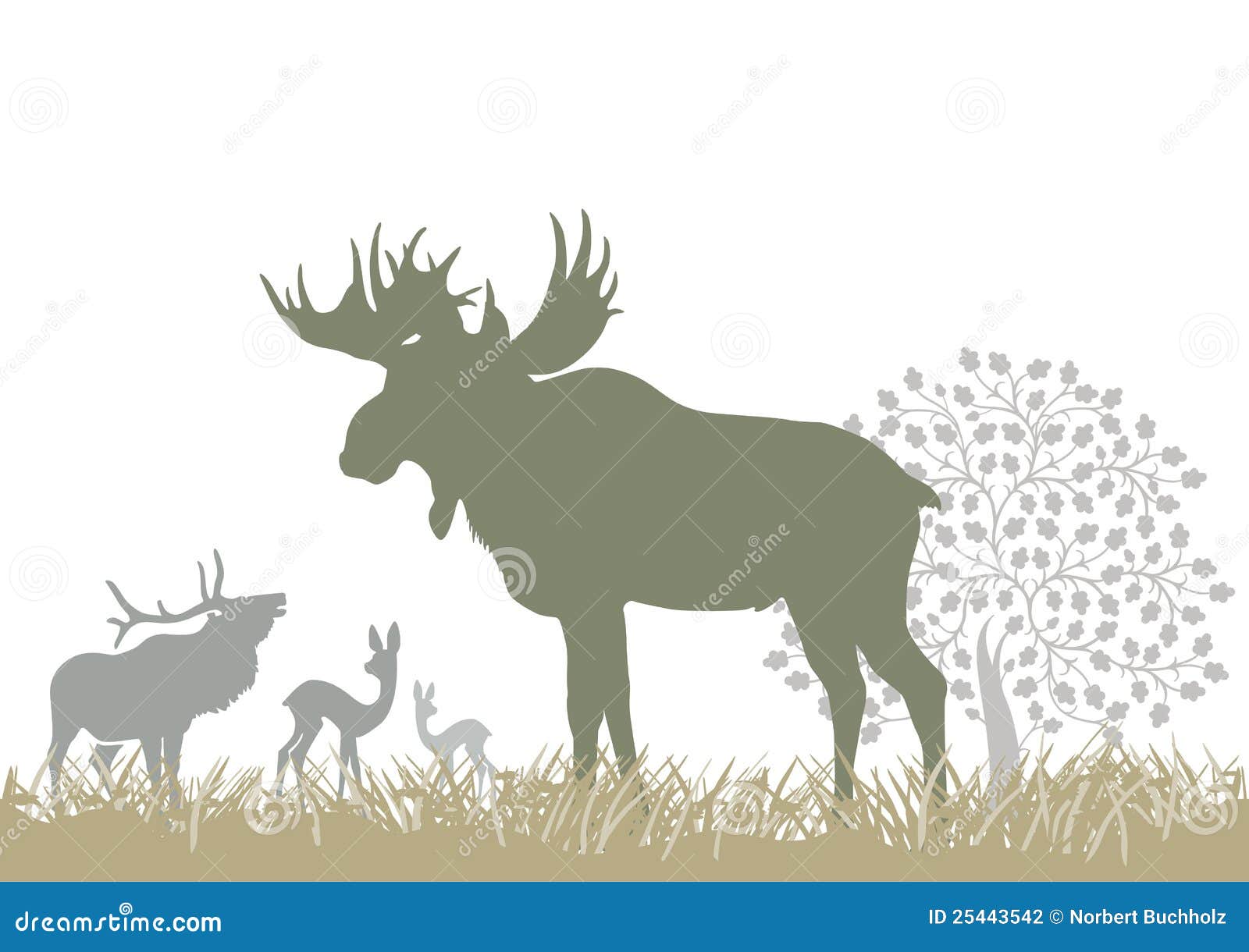 elk and deer by tree