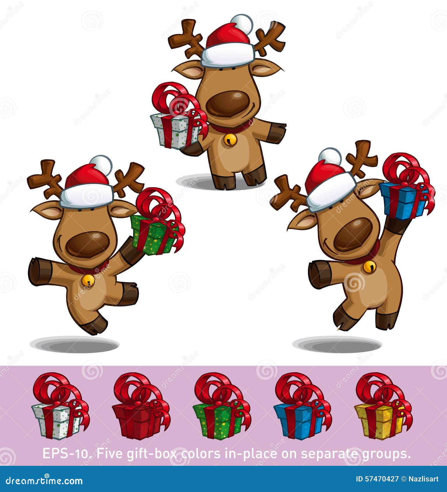Elks Holding a Gift. Set of three cartoon illustrations of a Santa s elk holding a gift in three poses-themes. Each pose on separate layer. All gift colors are in-place in separate groups for all poses.