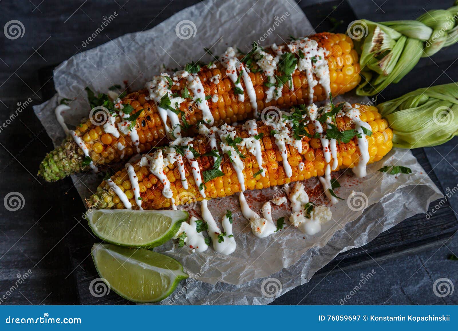 Elote or Mexican Grilled Corn on the Cob Served with Cotija Cheese and  Chili Powder. Stock Image - Image of cayenne, material: 76059697