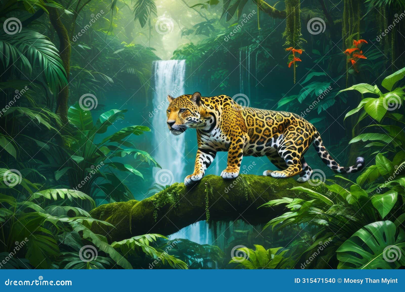 the elusive jaguar in radiant rainforest, surrounded by green lush, verdant, and tranquil ecosystem