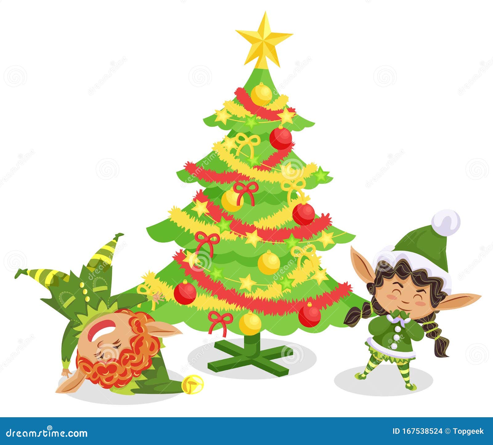 Christmas Card with Fir-tree and Elves Vector Stock Vector ...