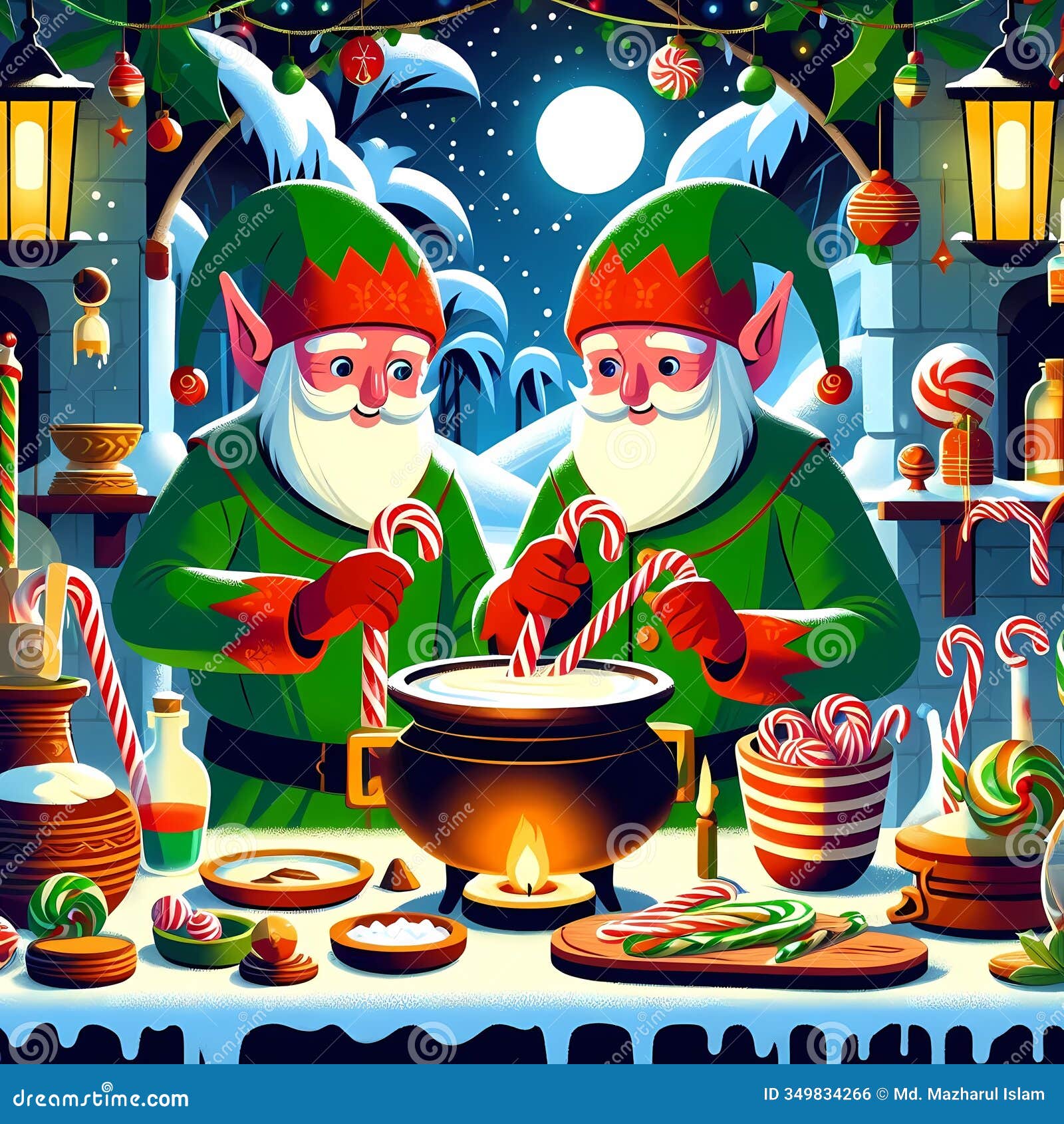 elves are preparing candy canes in a snowy workshop.