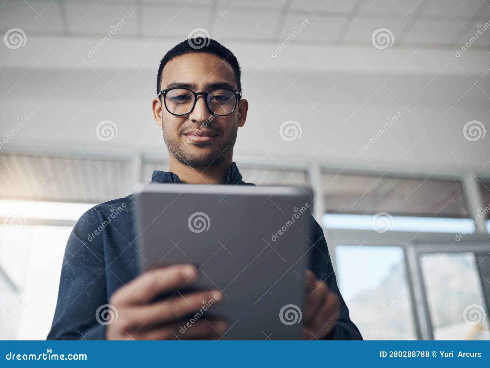 Email, Analysis and a Businessman with a Tablet at Work for