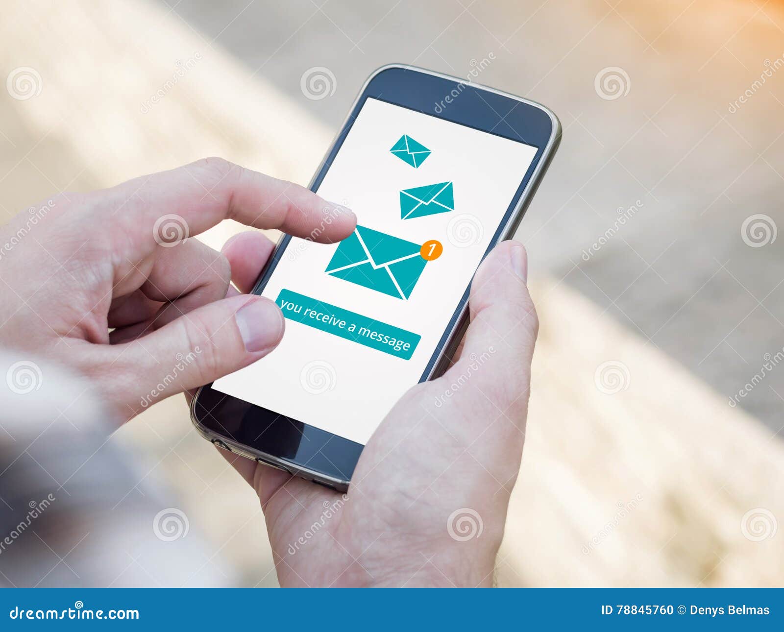 email app on smartphone screen. you receive a message, new message is received