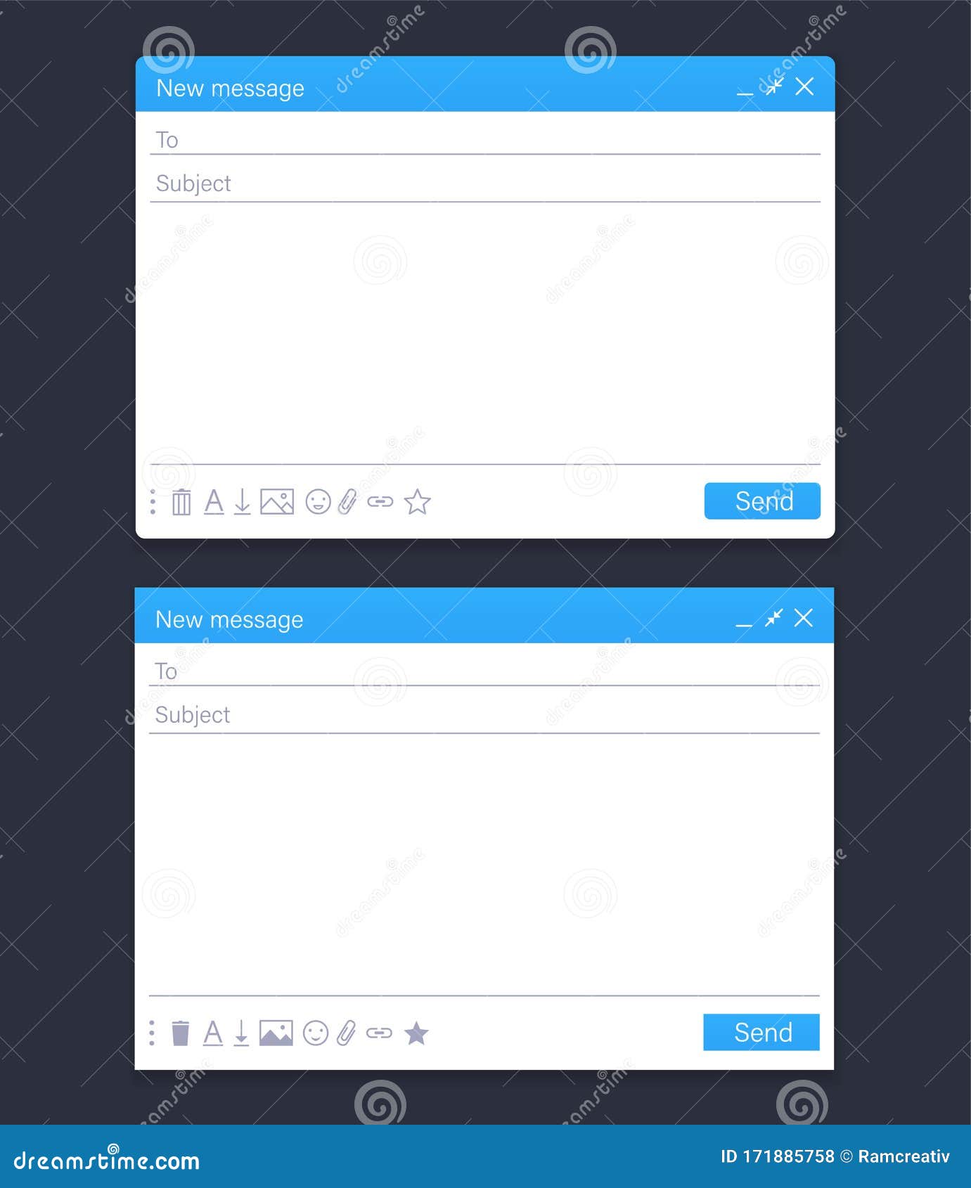 Email Message Interface, Sending Form. Blank Page Email Box Design