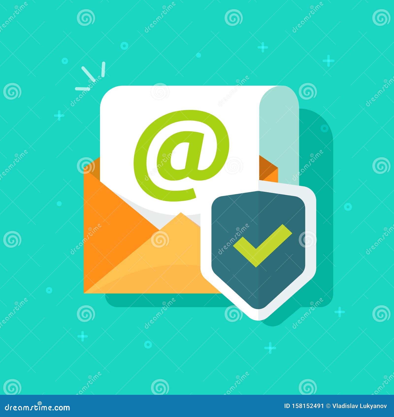 email protected with shield  icon, flat cartoon e-mail envelope with document page secure protection concept, idea