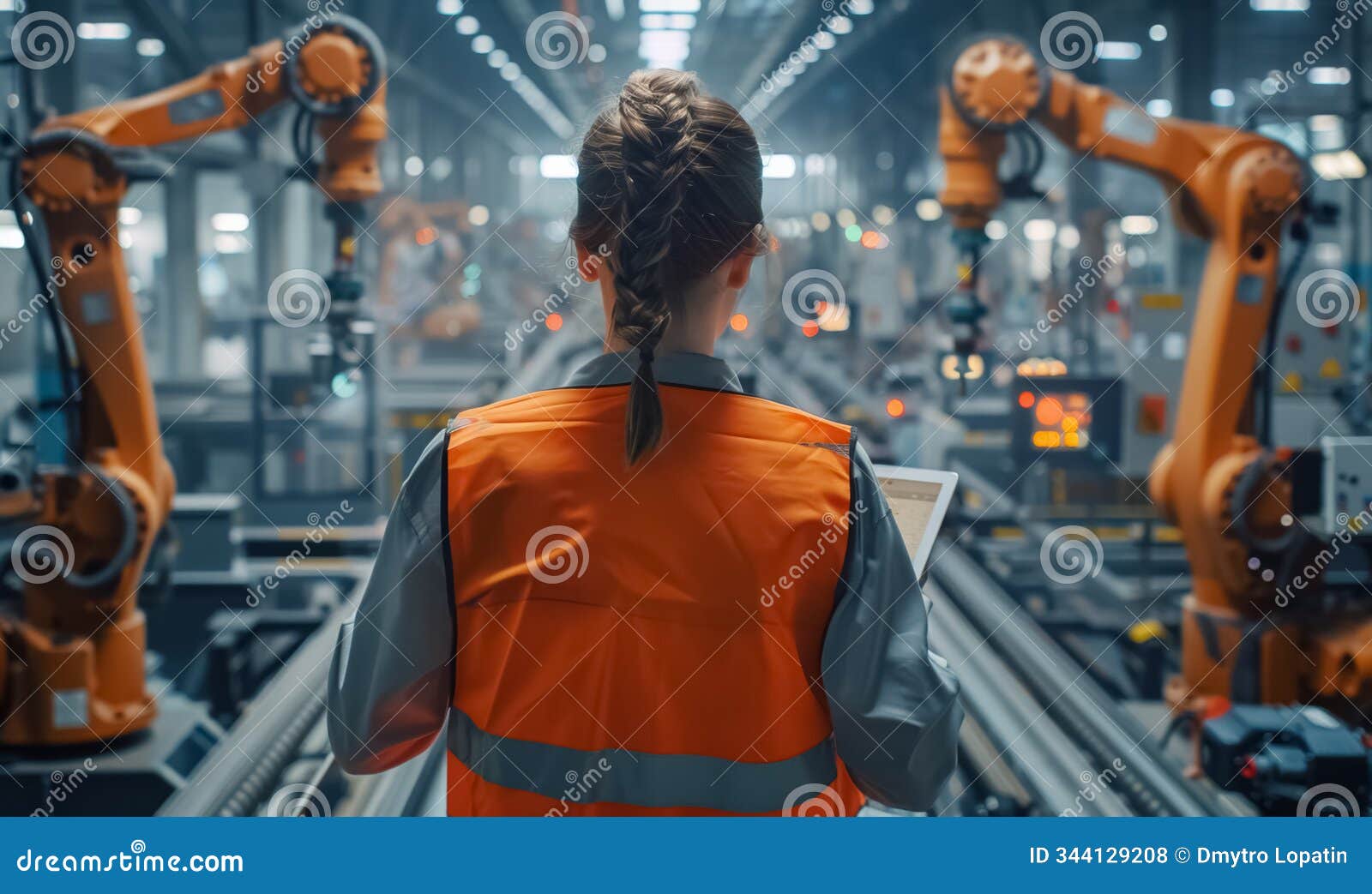 emale engineer stands in high-tech factory, woman checking tablet to oversee operations, person inspecting modern