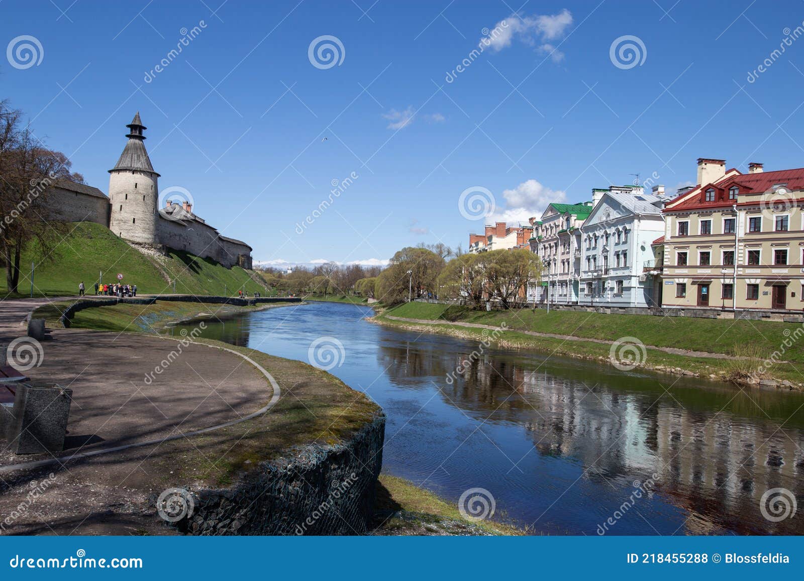 pskova river near pskov kremlin and the golden embankment , pskov city, russia