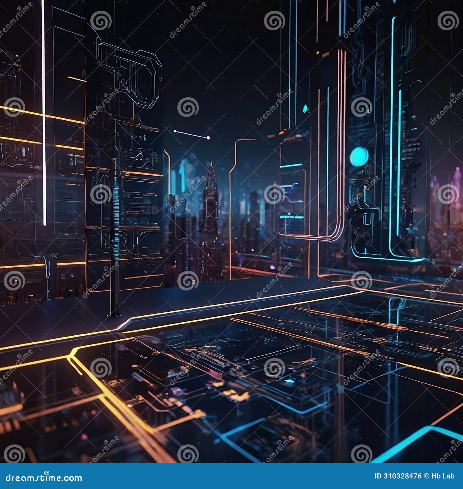 futuristic circuit city with many buildings in a colorful electronic planet. ai generative