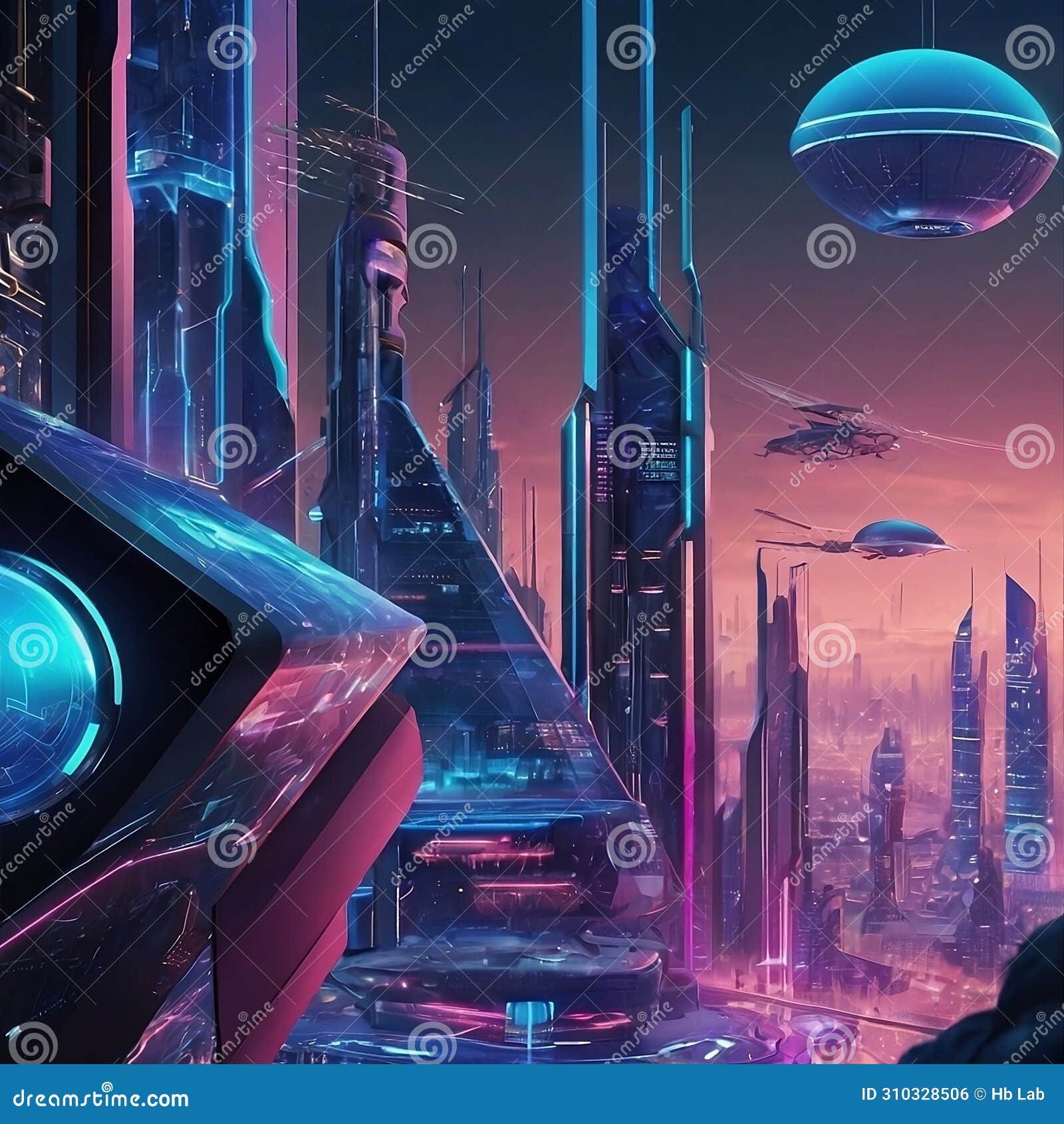 futuristic city wallpaper, futuristic buildings, background, planet with ships. ai generative