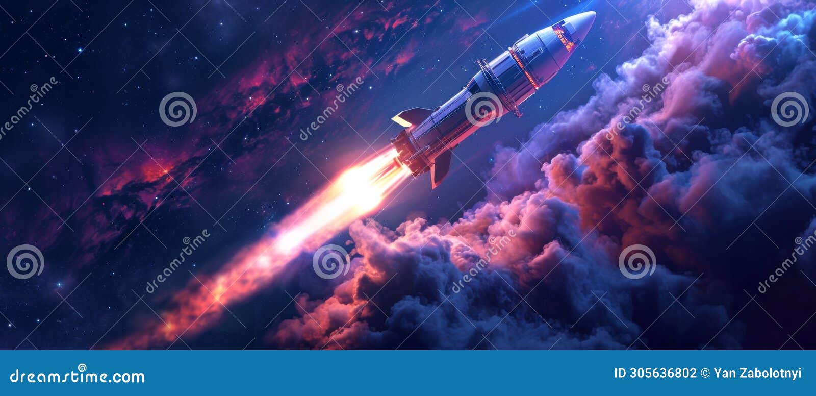 embarking on an interstellar journey, a futuristic spacecraft launches under the night sky