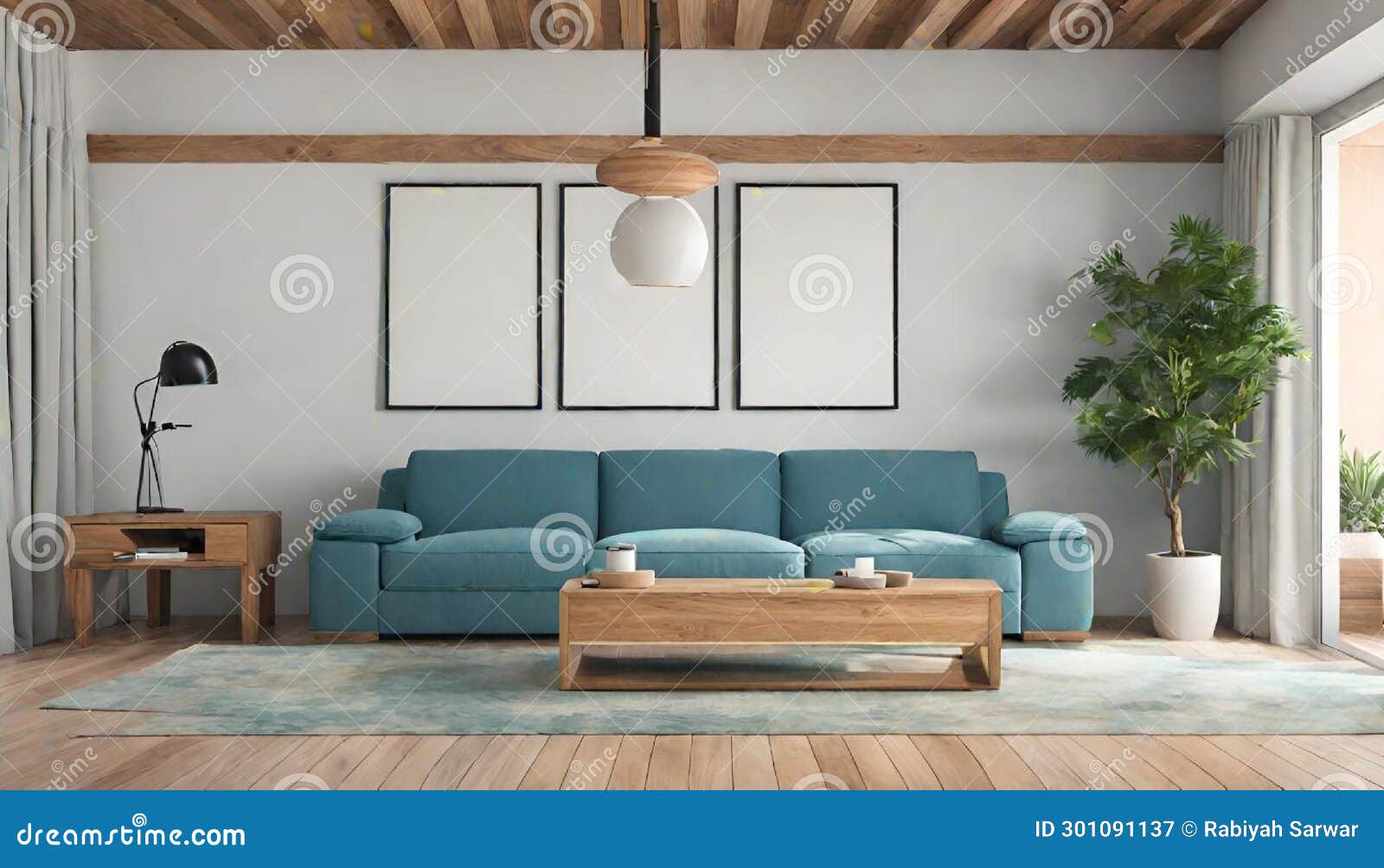 moderno salÃ³n frontal con sofÃ¡ y estanterÃ­as de madera en tonos azules. ilustraciÃ³n generativa