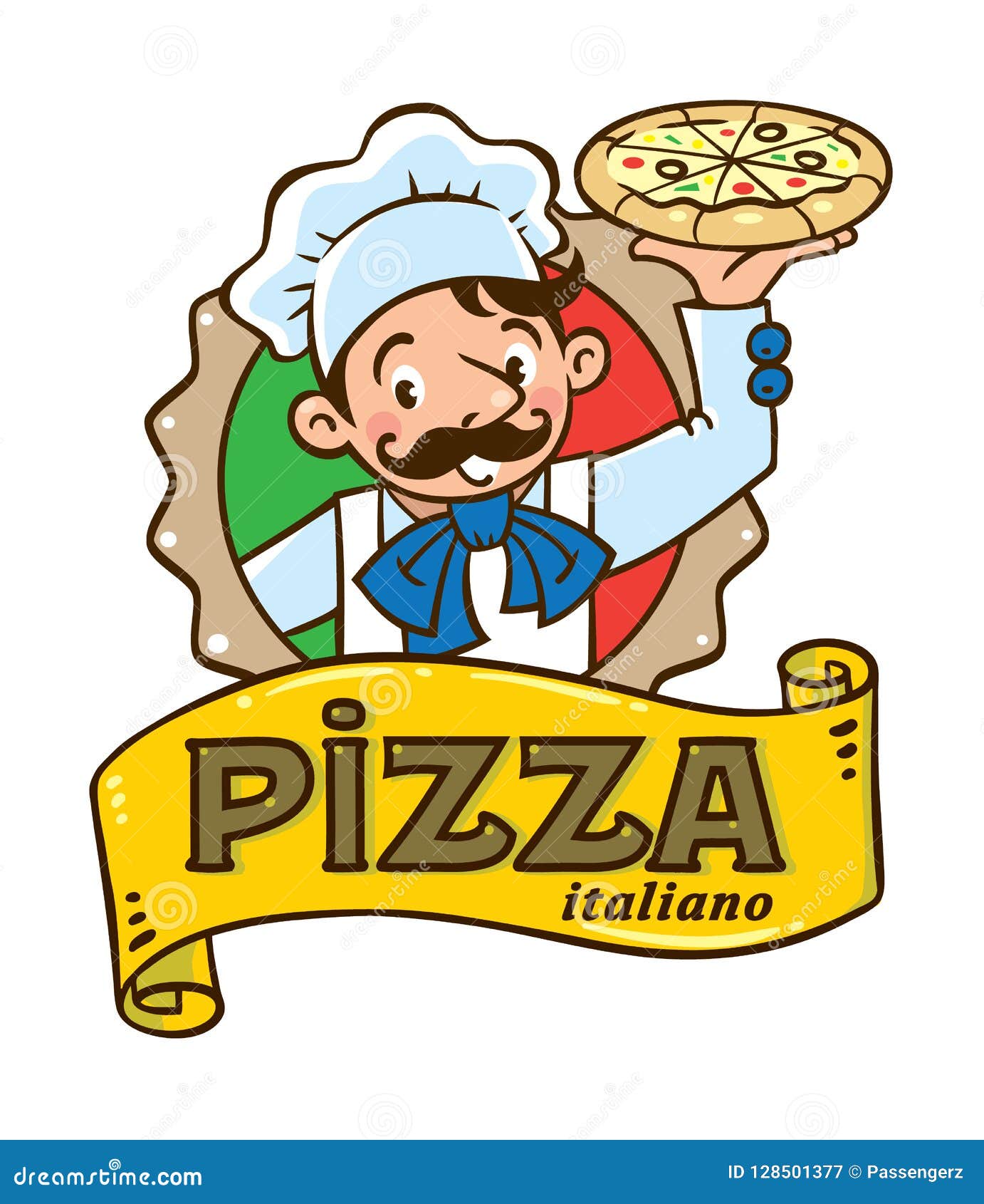 Emblem Of Funny Italian Chef With Pizza And Logo Stock Vector