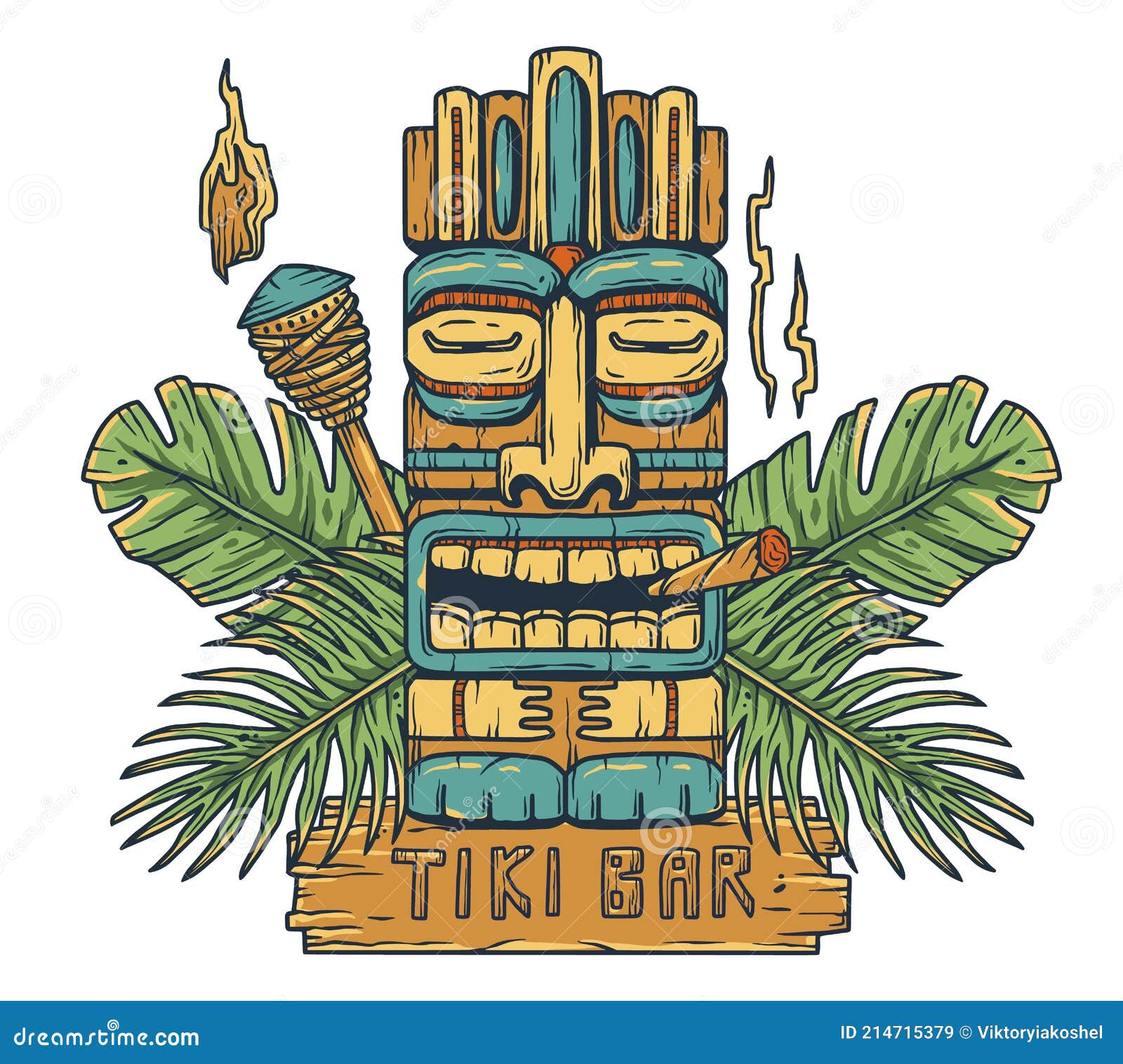 emblem of hawaii tiki mask or surfing, totem bar