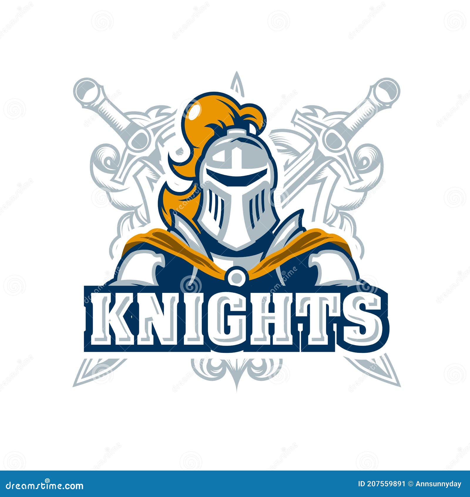emblem with knight in armor, chivalry logo with paladin and swords, template for a sport team