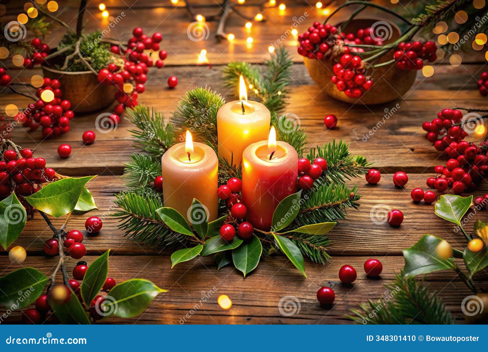 warm winter wishes: festive christmas candles, berries, and mistletoe for a cozy holiday table setting