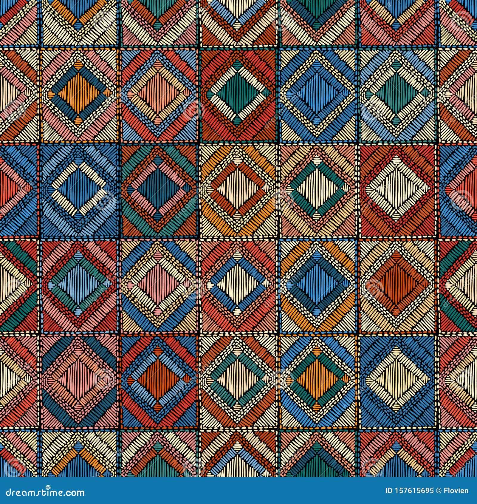 Embroidered Carpet Seamless Pattern. Abstract Geometric Background in