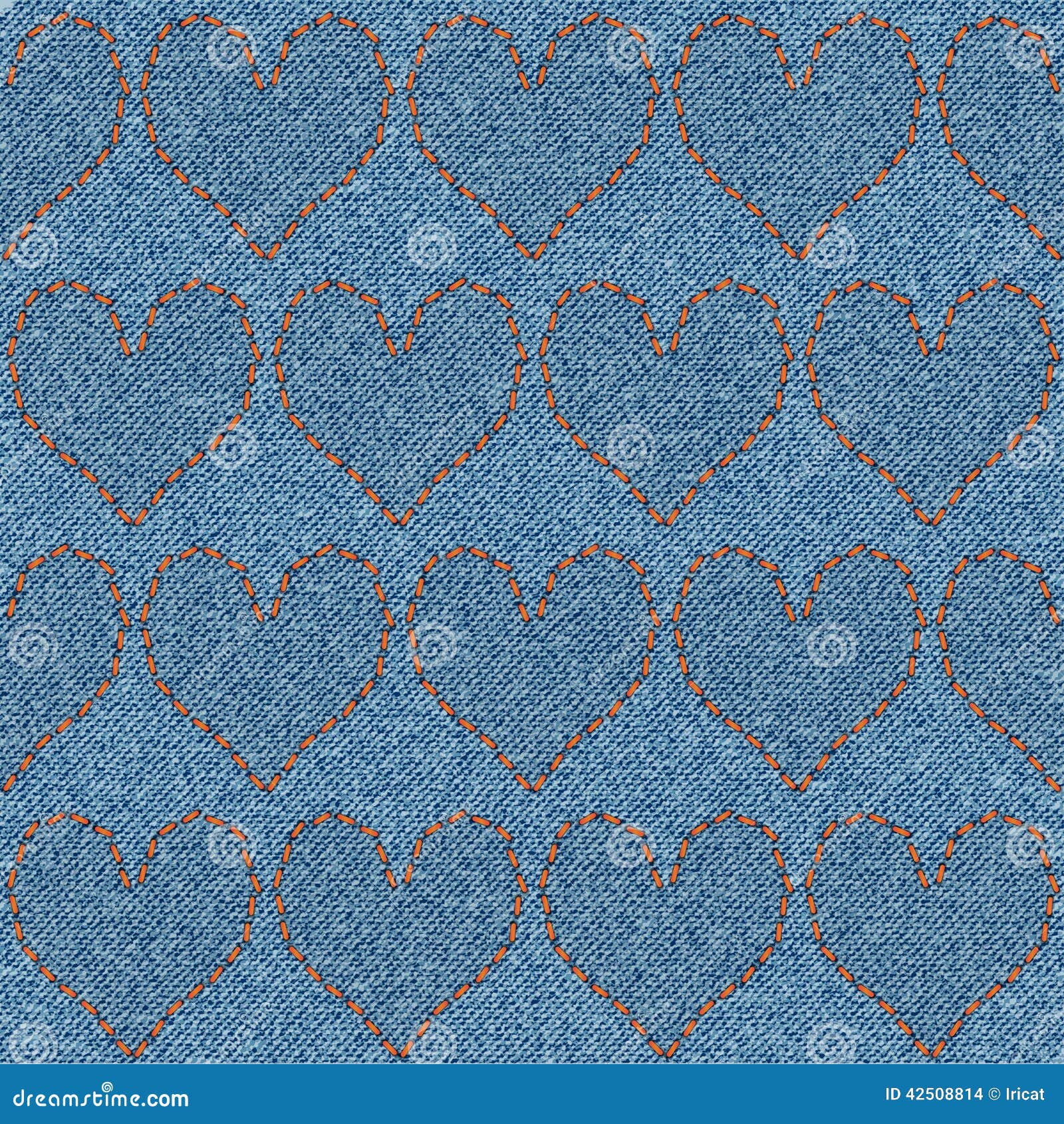 Embroidered Hearts on Denim, Seamless Pattern. Stock Vector