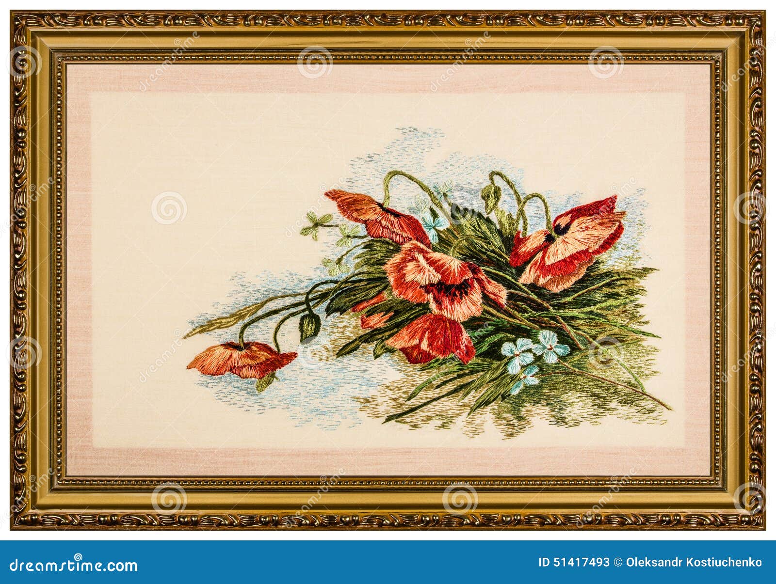 Embroidered Picture In The Frame, Isolated On White Background Stock