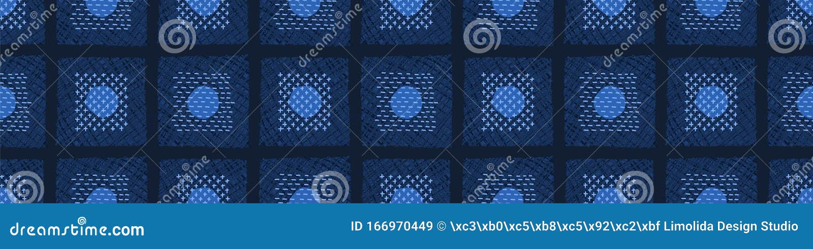 embroidery border boro fabric circle. sashiko kantha  pattern. needlework seamless banner edging. indigo blue running hand