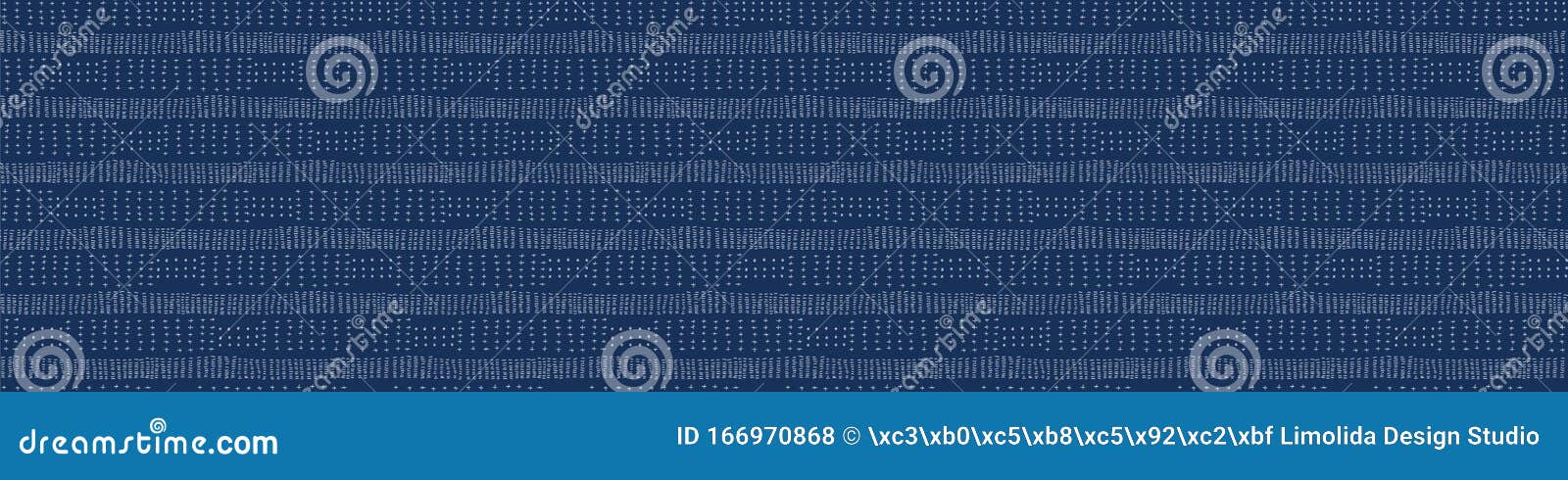 embroidery boro fabric sashiko kantha  border pattern. striped needlework banner background indigo blue style. running hand