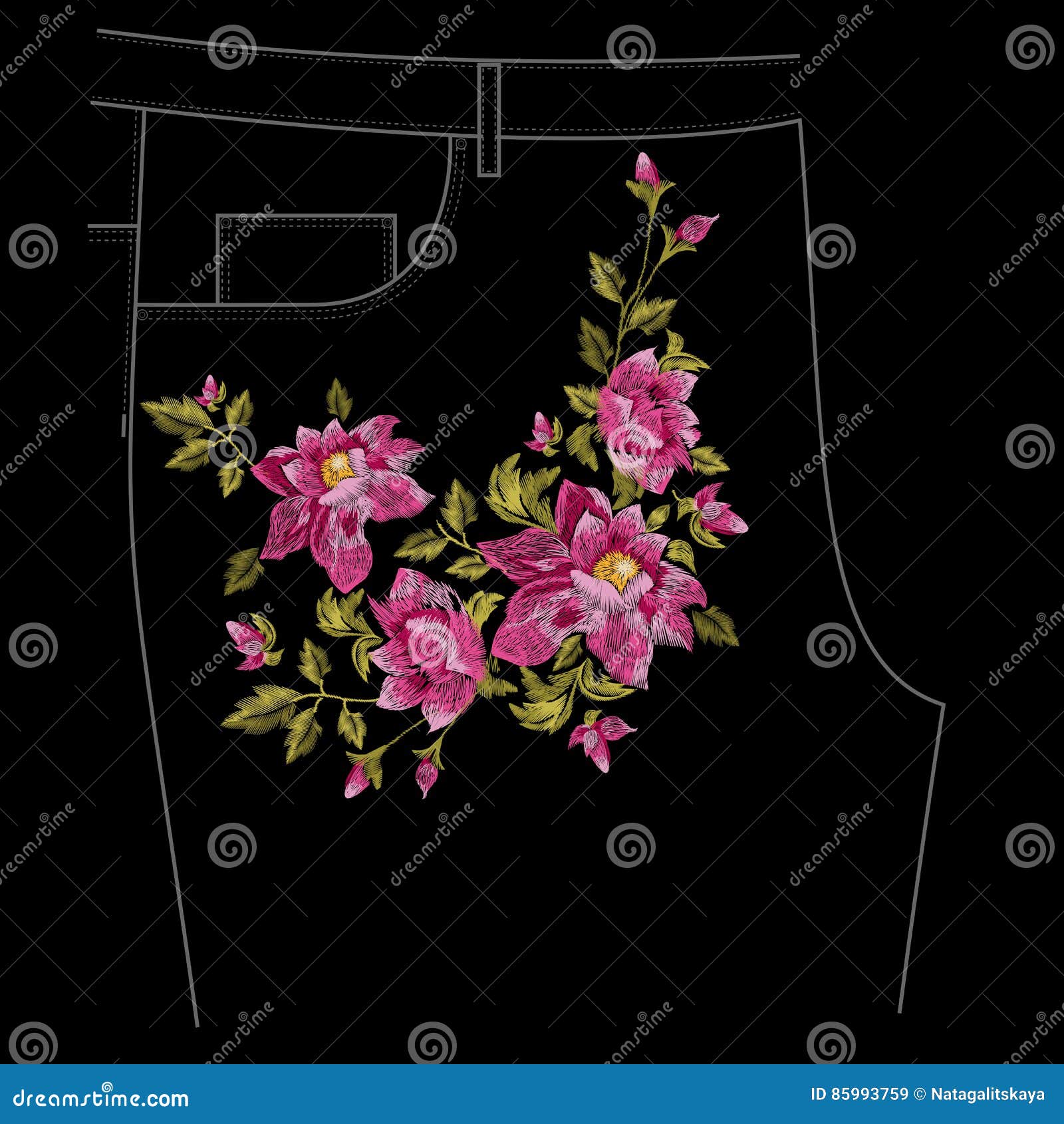 Embroidery Colorful Jeans Floral Pattern with Dog Roses. Stock Vector ...