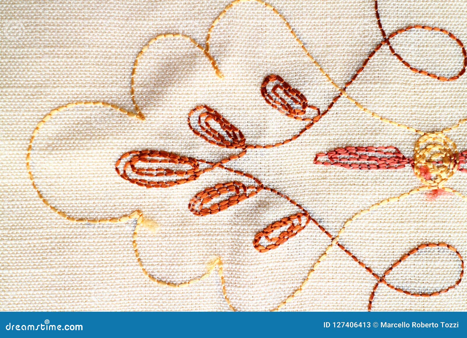 Embroidery on cotton sheet stock image. Image of detail 127406413