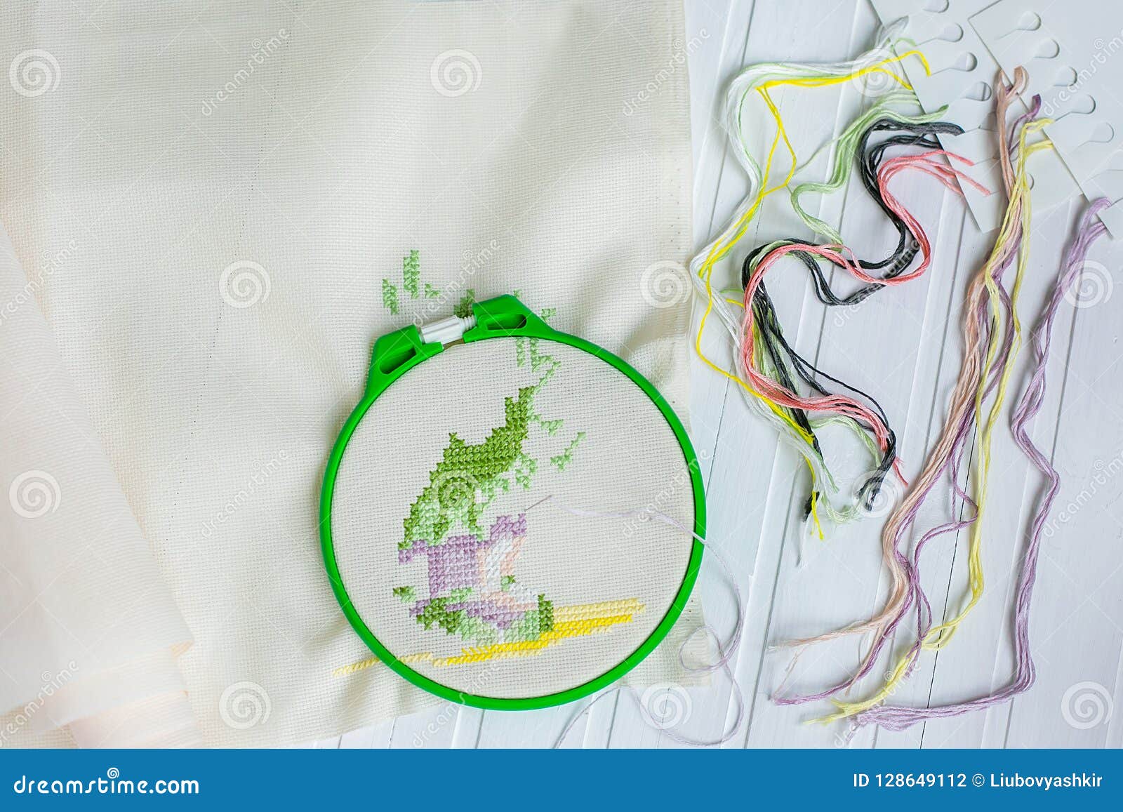 Embroidery Hoop with Blank Fabric, Colored Sewing Threads and Various