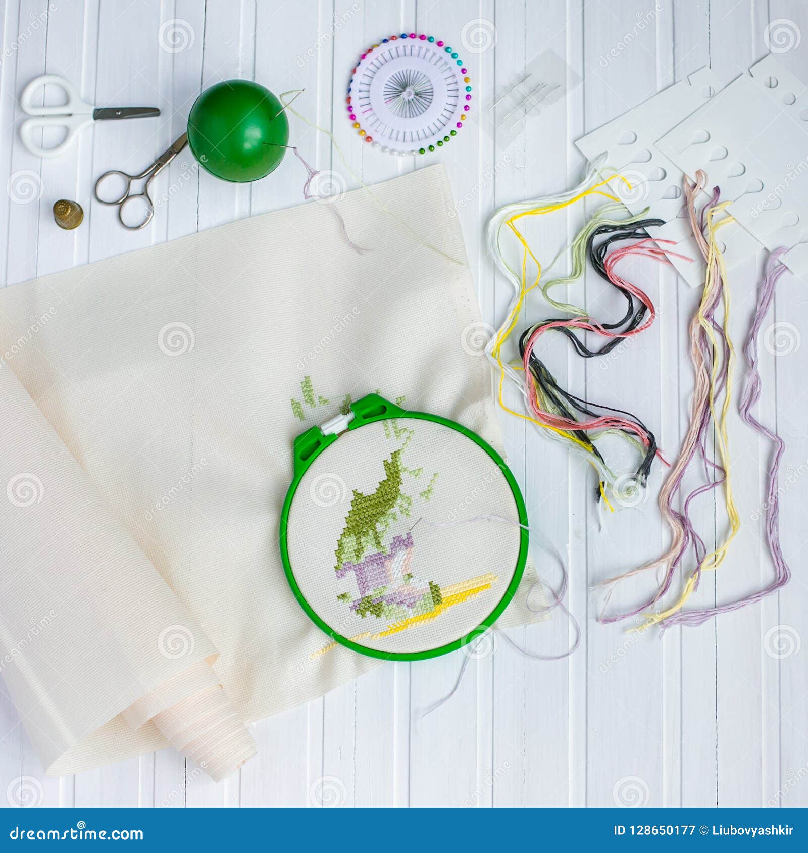 Embroidery Hoop with Blank Fabric, Colored Sewing Threads and Various