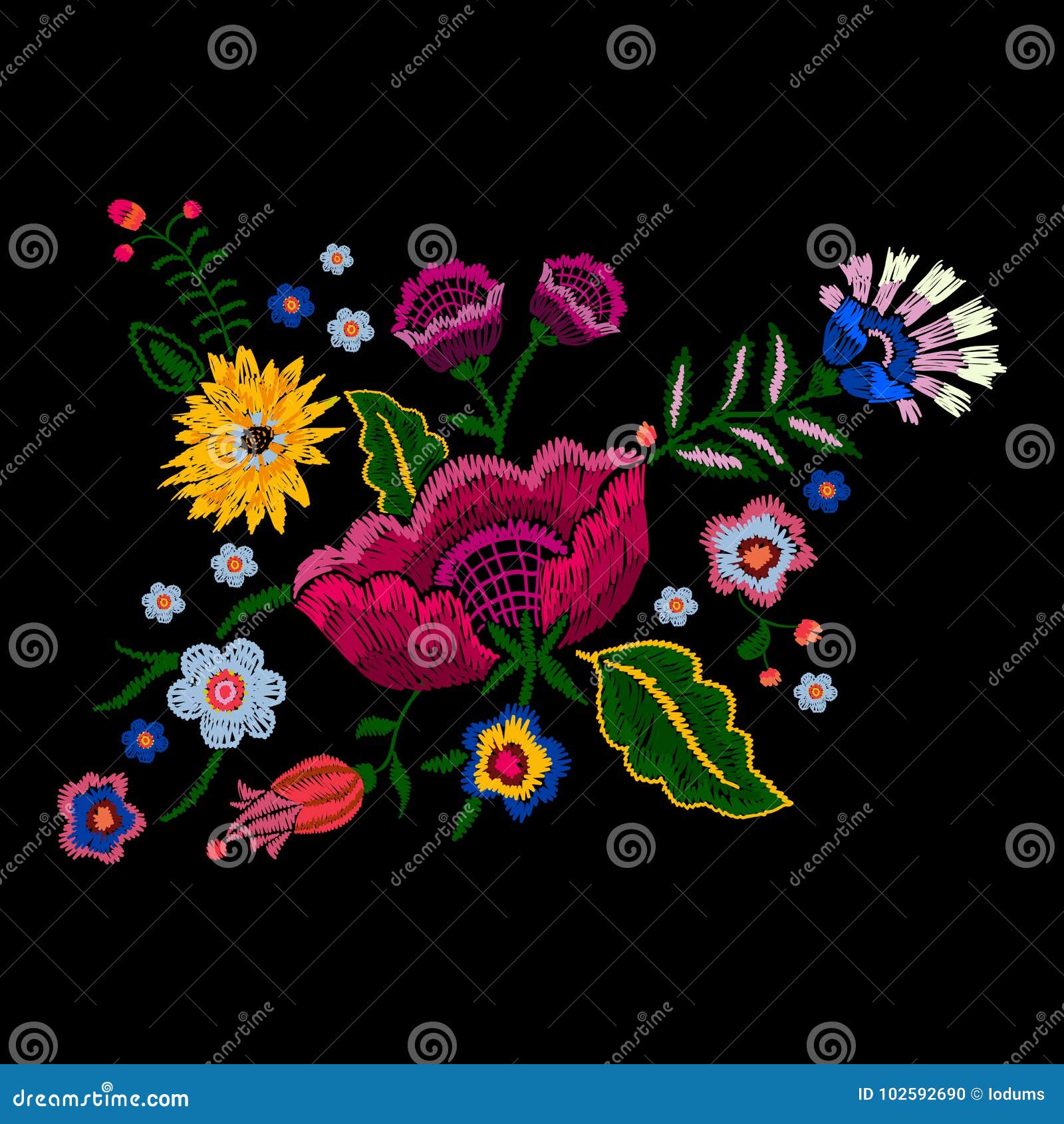 Embroidery Plums And Roses Flowers Seamless Pattern Template