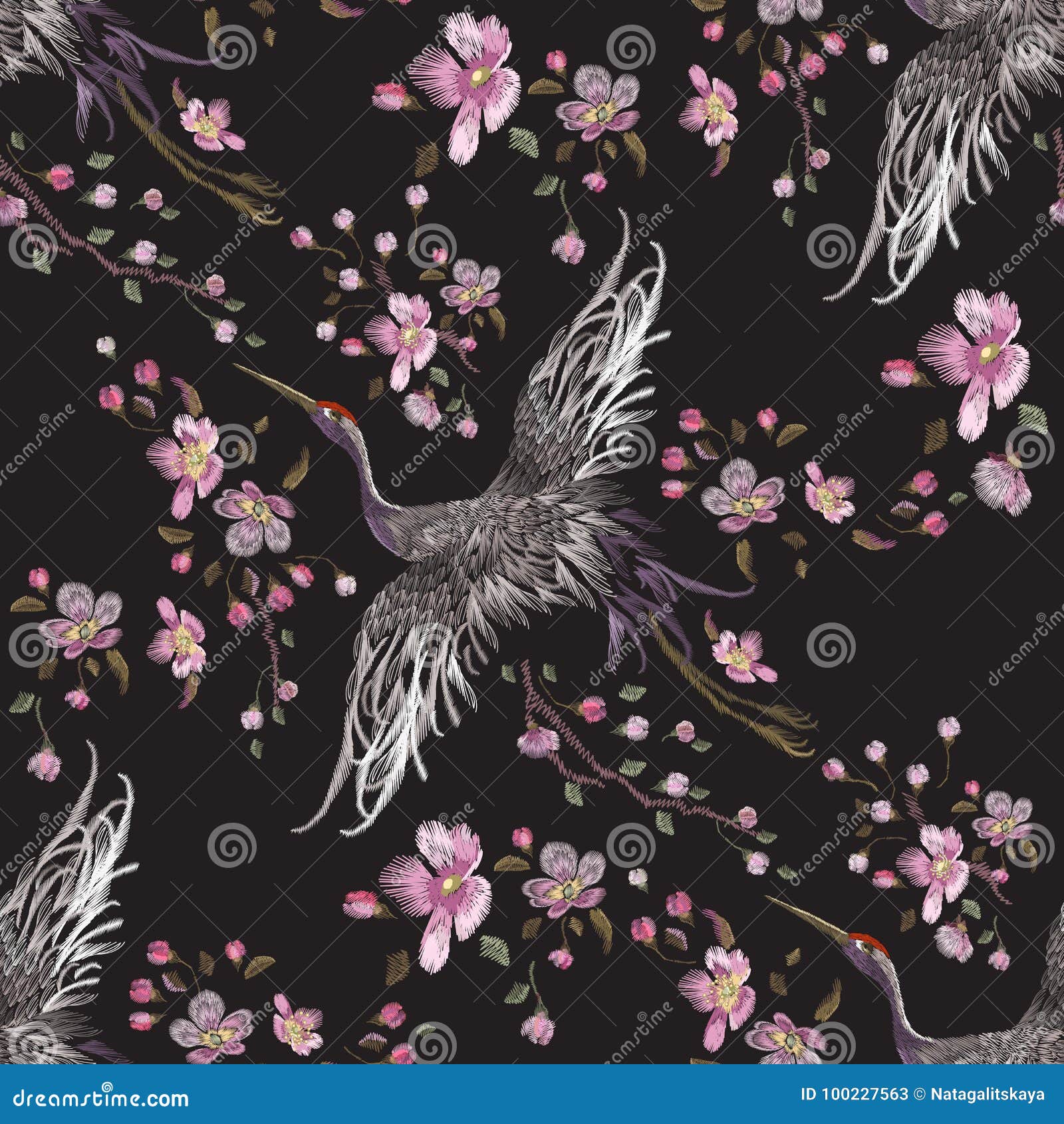 embroidery oriental seamless pattern with cranes and cherry blossom.