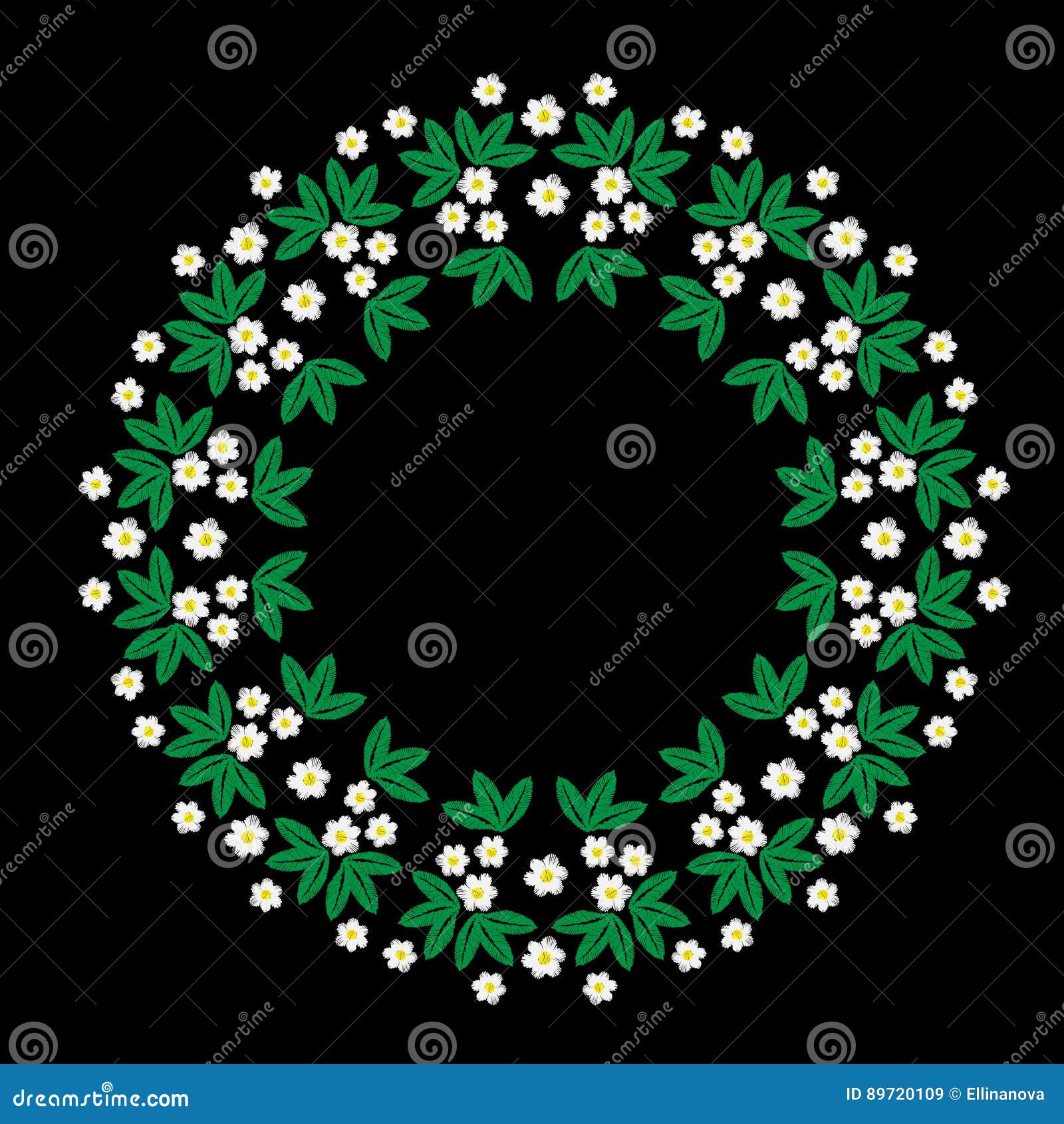 Embroidery Round Frame with White Flower with Green Leaf Stock Vector