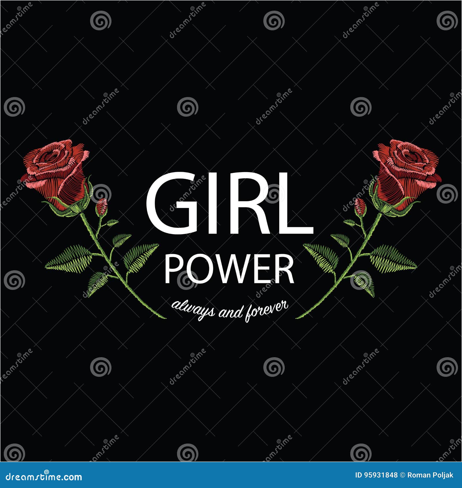 Embroidery Stitches with Red Rose and Slogan Girl Power Stock Vector ...