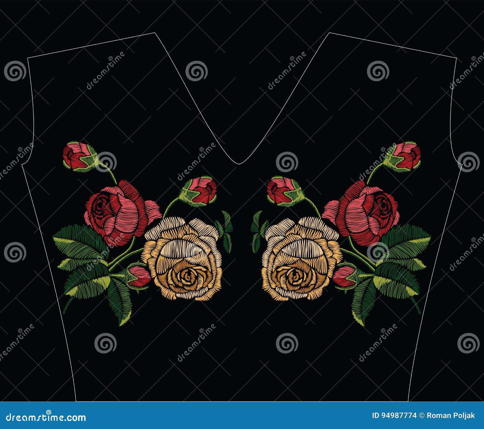 Embroidery Stitches with Red and Yellow Roses in Pastel Color. V Stock ...