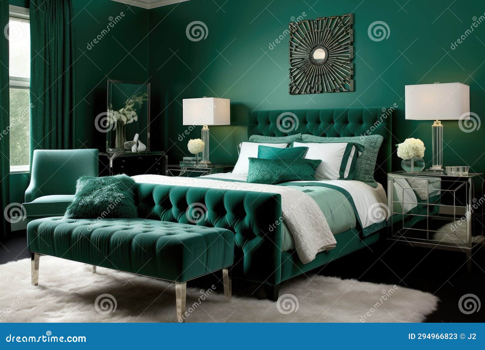 Emerald Bedroom Interior with Walls, Double Bed with Pillows and
