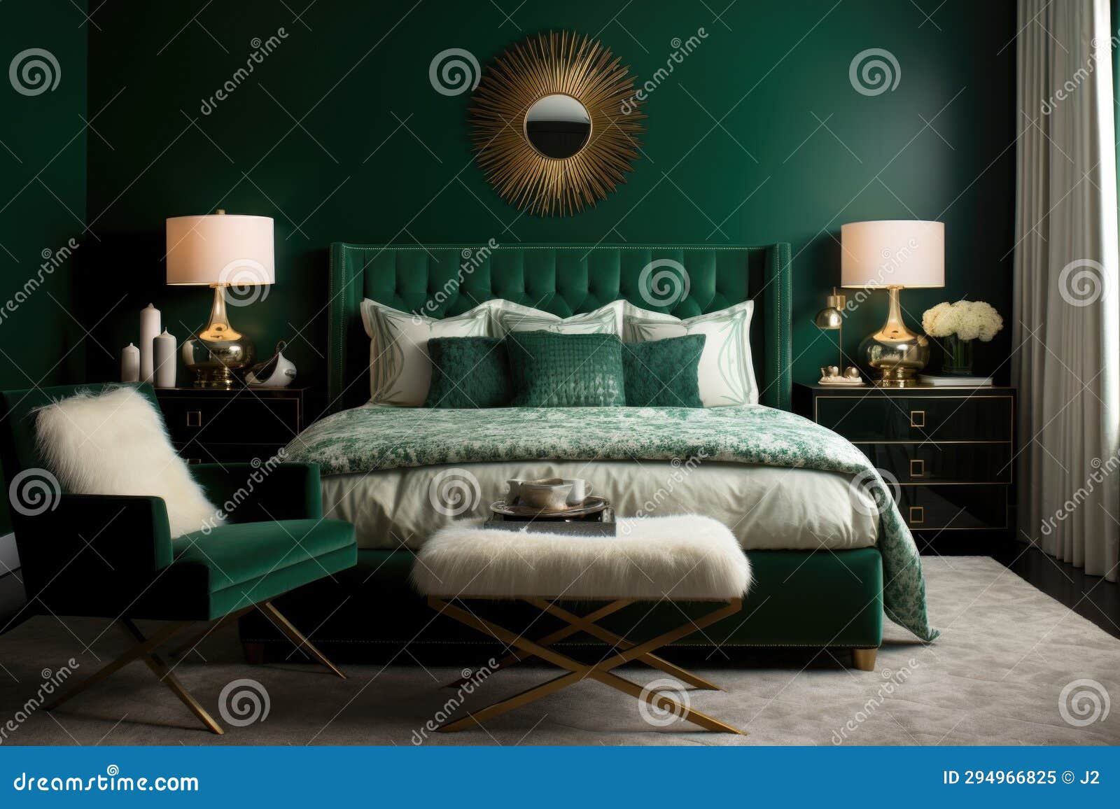 Emerald Bedroom Interior with Walls, Double Bed with Pillows and