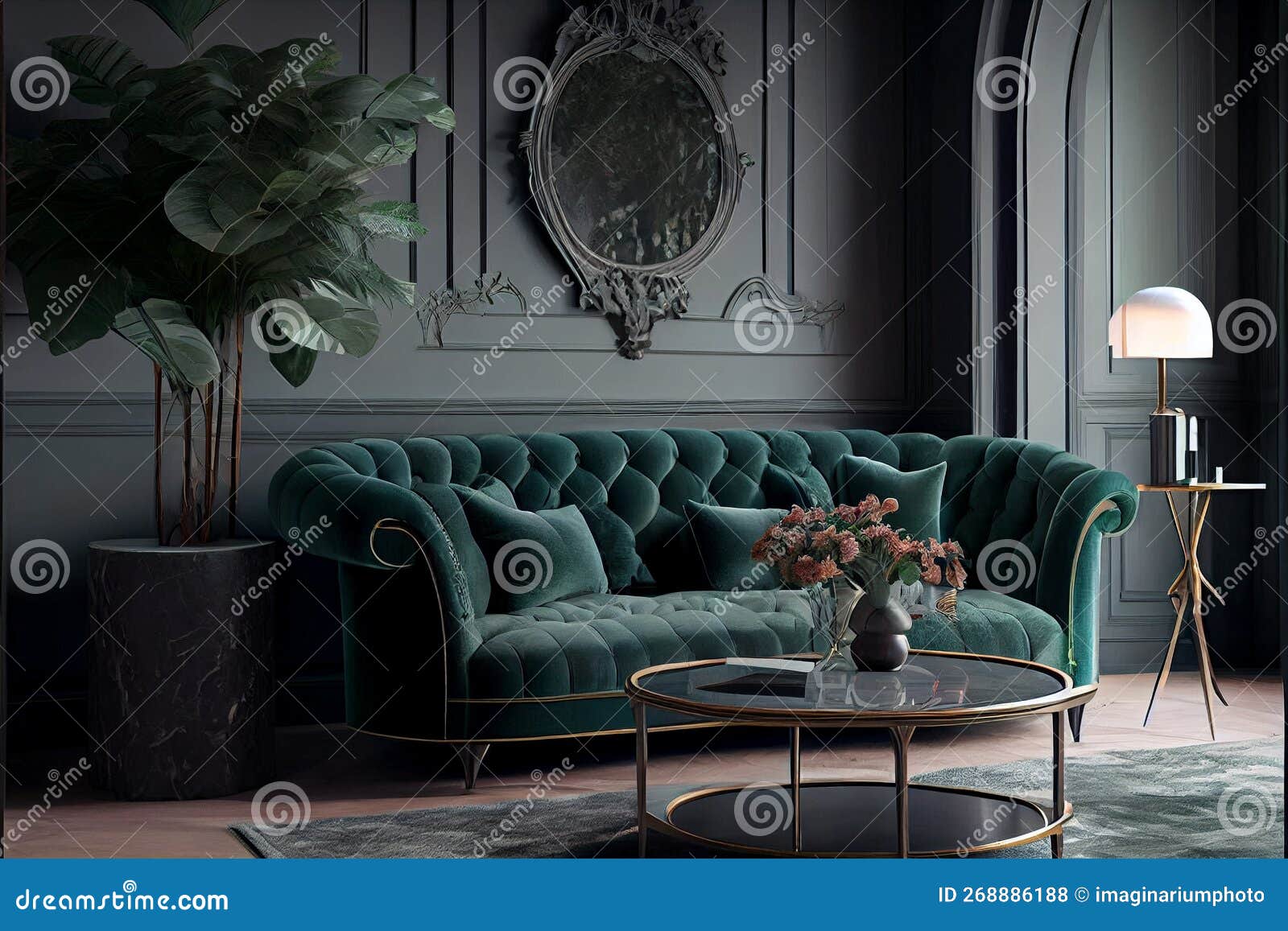 Emerald Green Living Room Interior with Fog Grey Walls. Sofa and ...