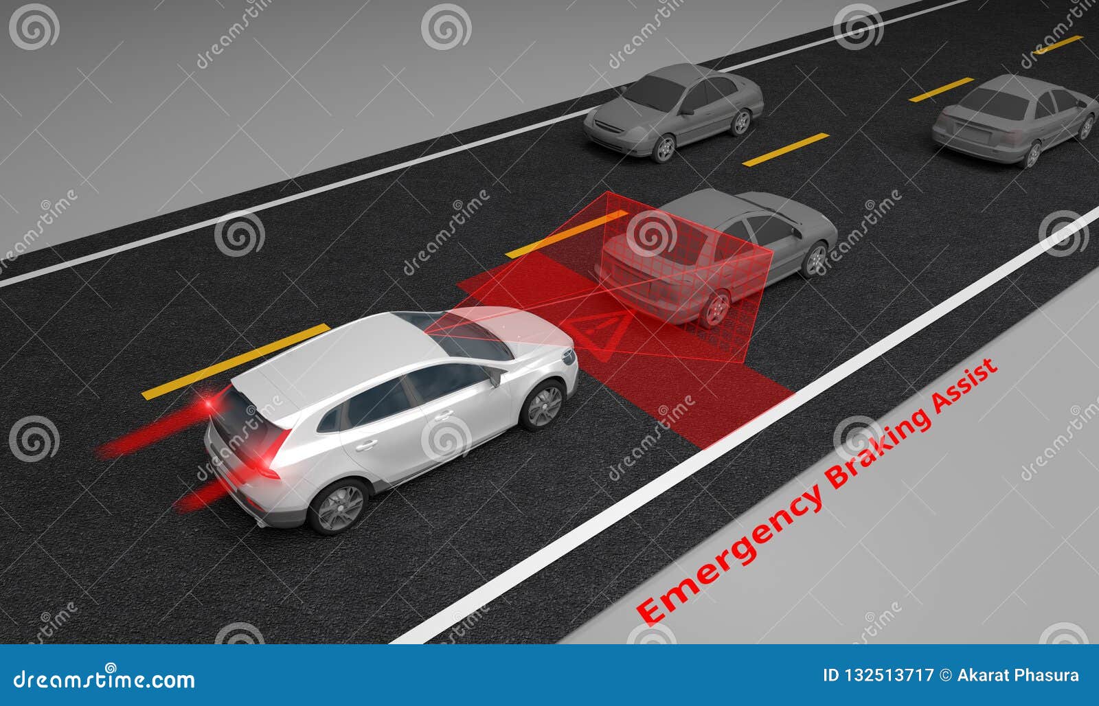 emergency braking assist eba sysyem to avoid car crash concept. smart car technology, 3d rendering