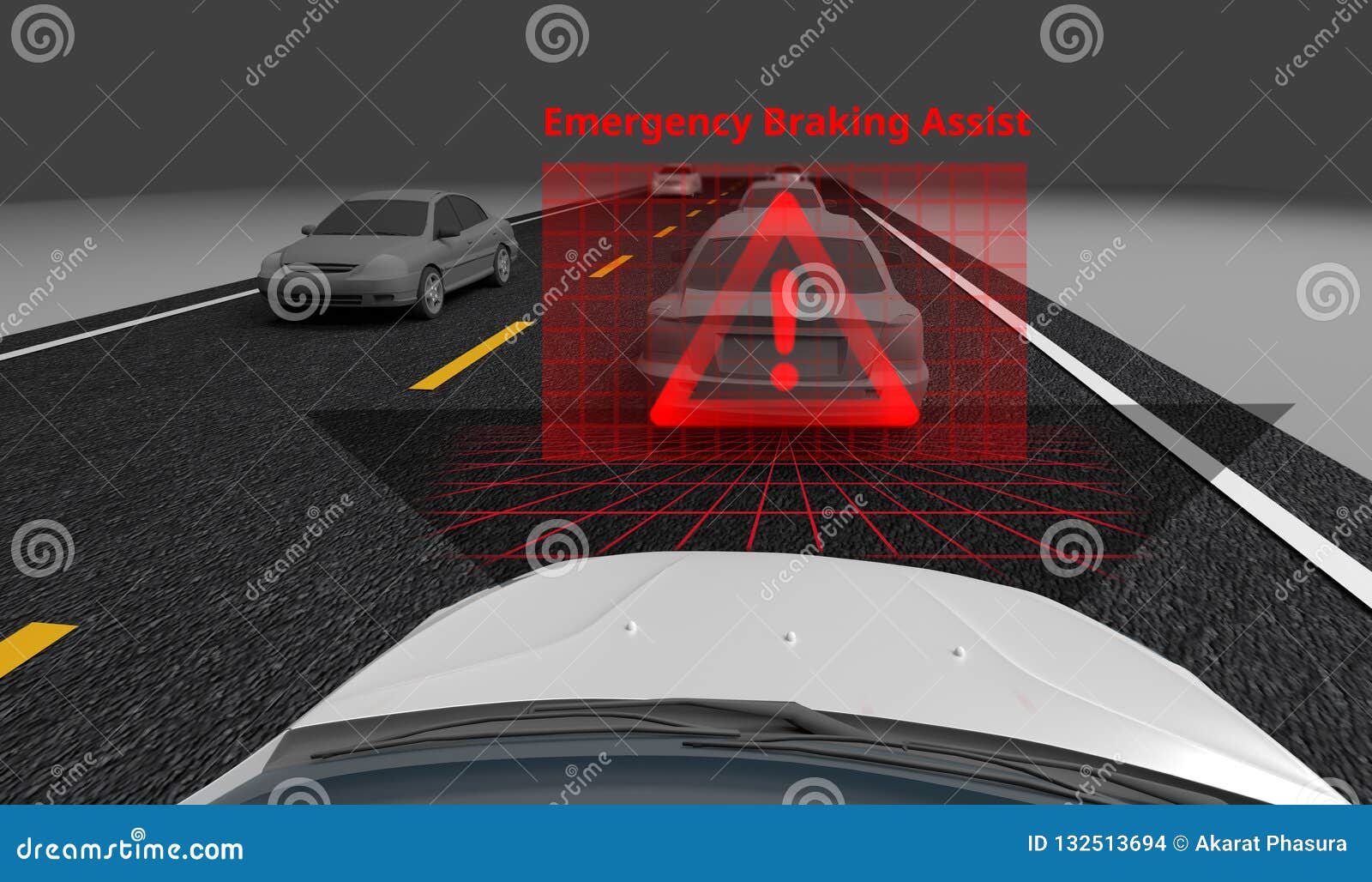 emergency braking assist eba sysyem to avoid car crash concept. smart car technology, 3d rendering