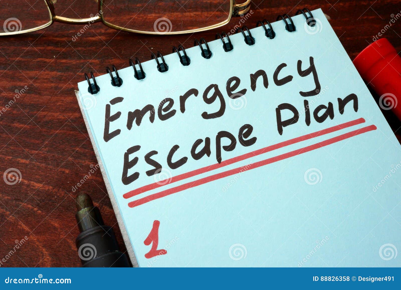 emergency escape plan written on a notepad.