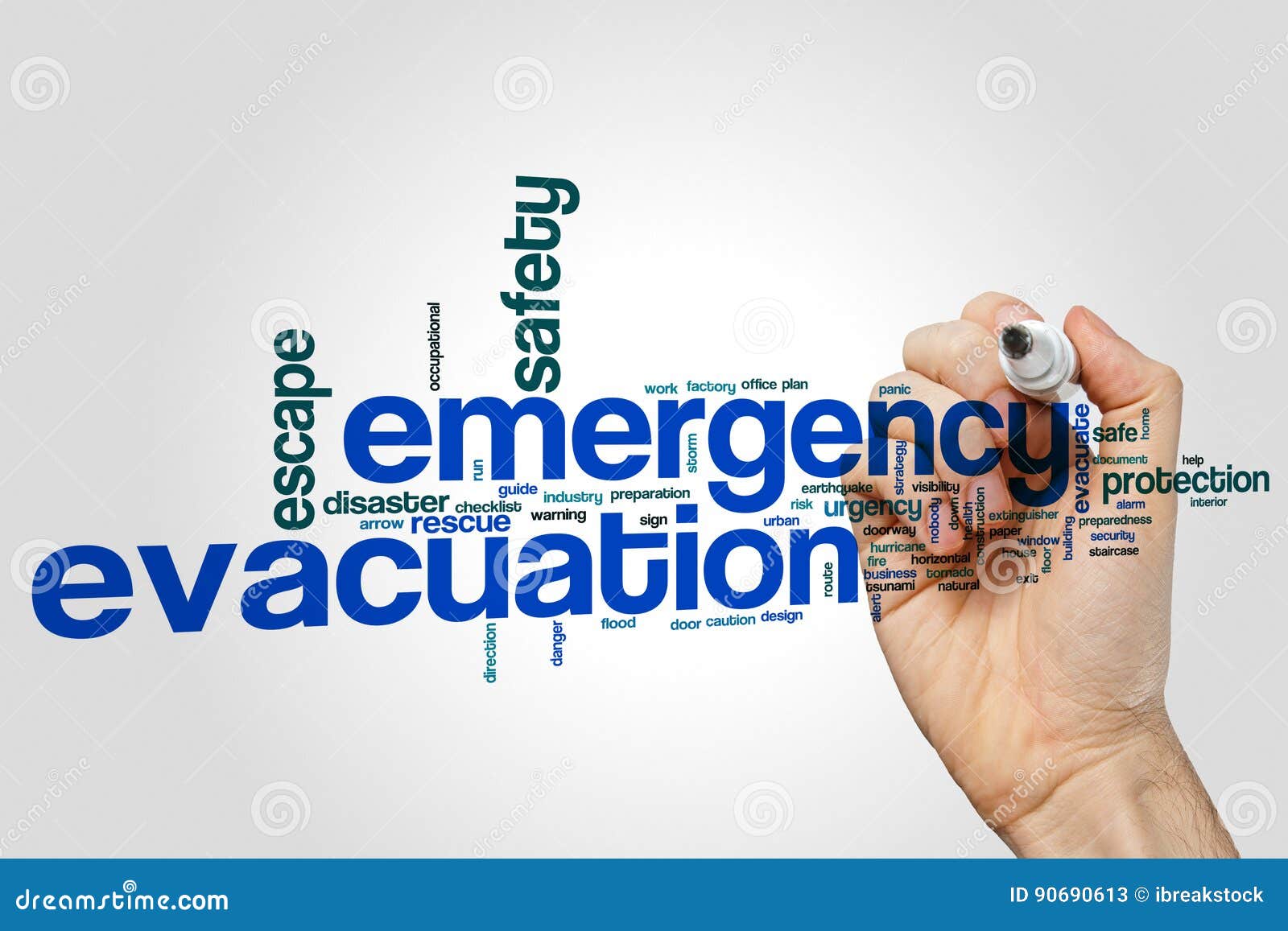 Emergency Evacuation Word Cloud Concept on Grey Background Stock Image