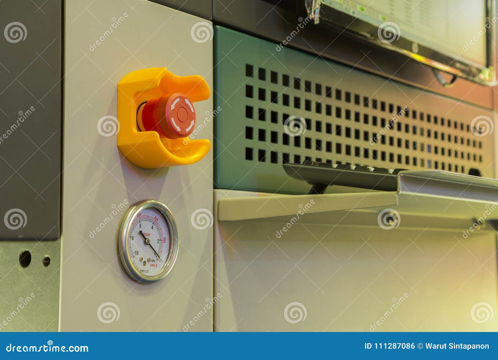 Emergency Stop Button and Vacuum Gage Stock Photo Image of help