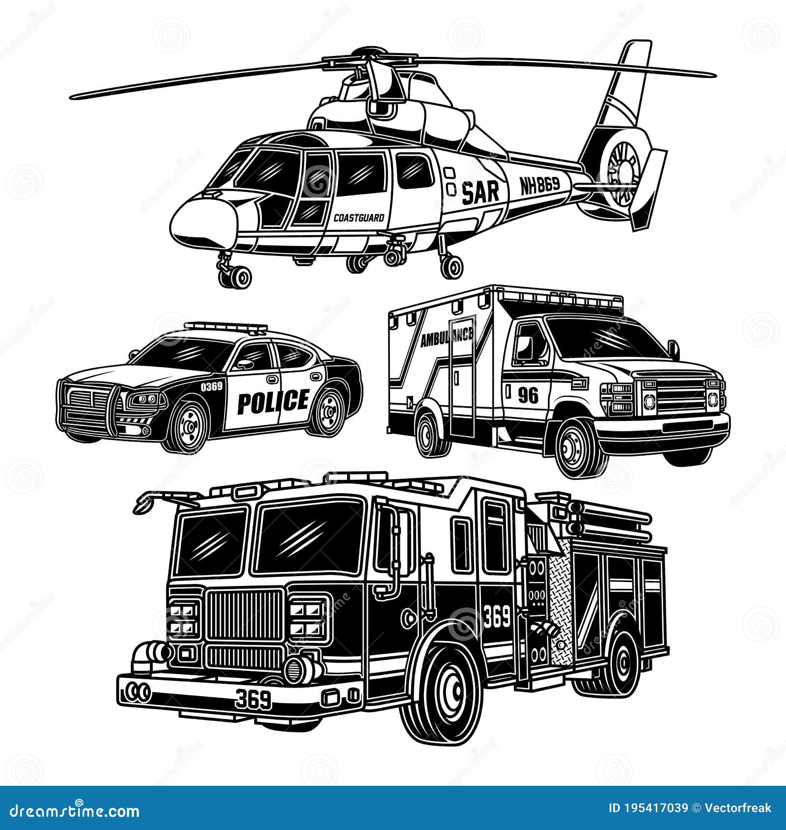 Emergency Vehicles Collection in Black and White Stock Vector