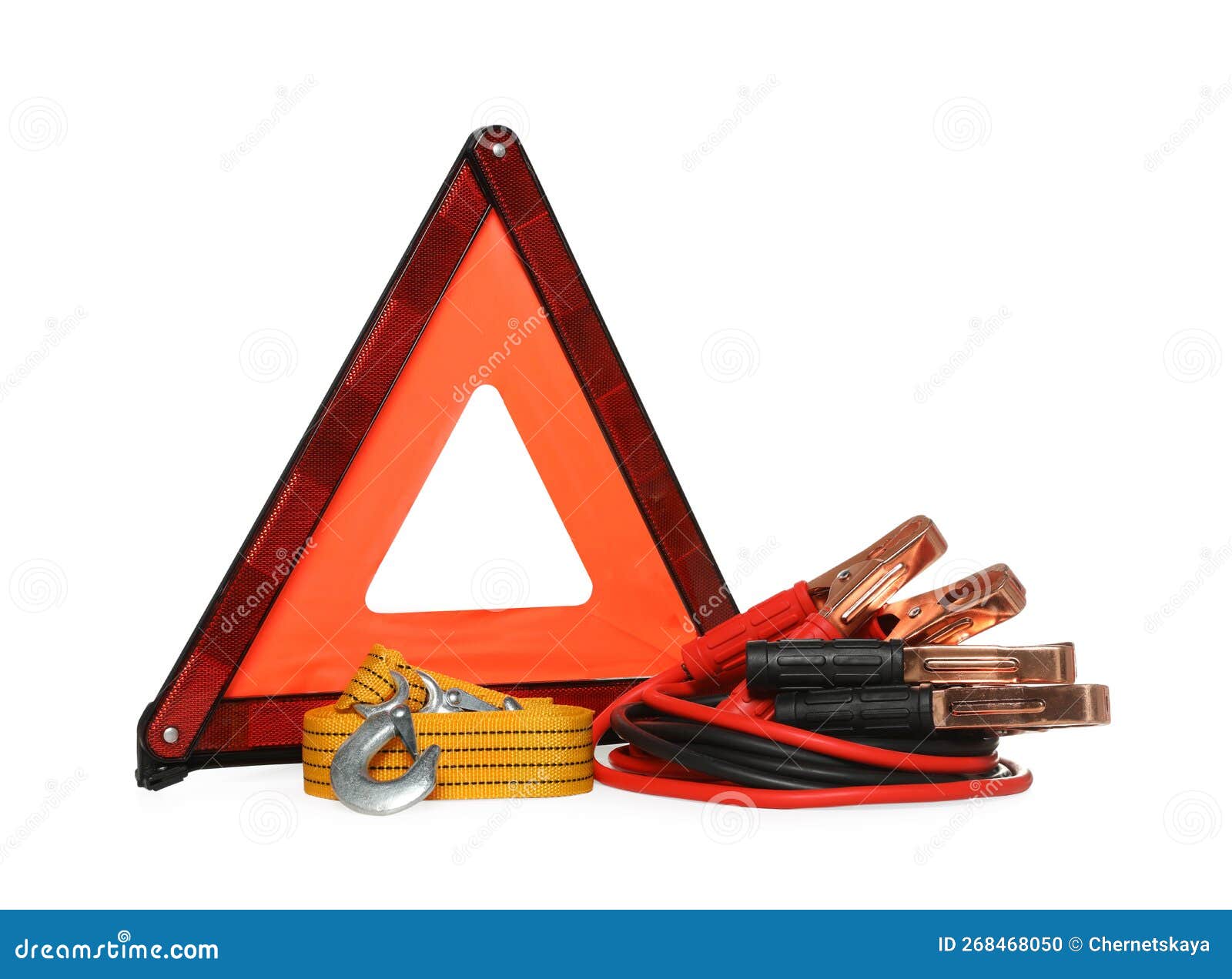 Emergency Warning Triangle, Towing Strap and Battery Jumper Cables on