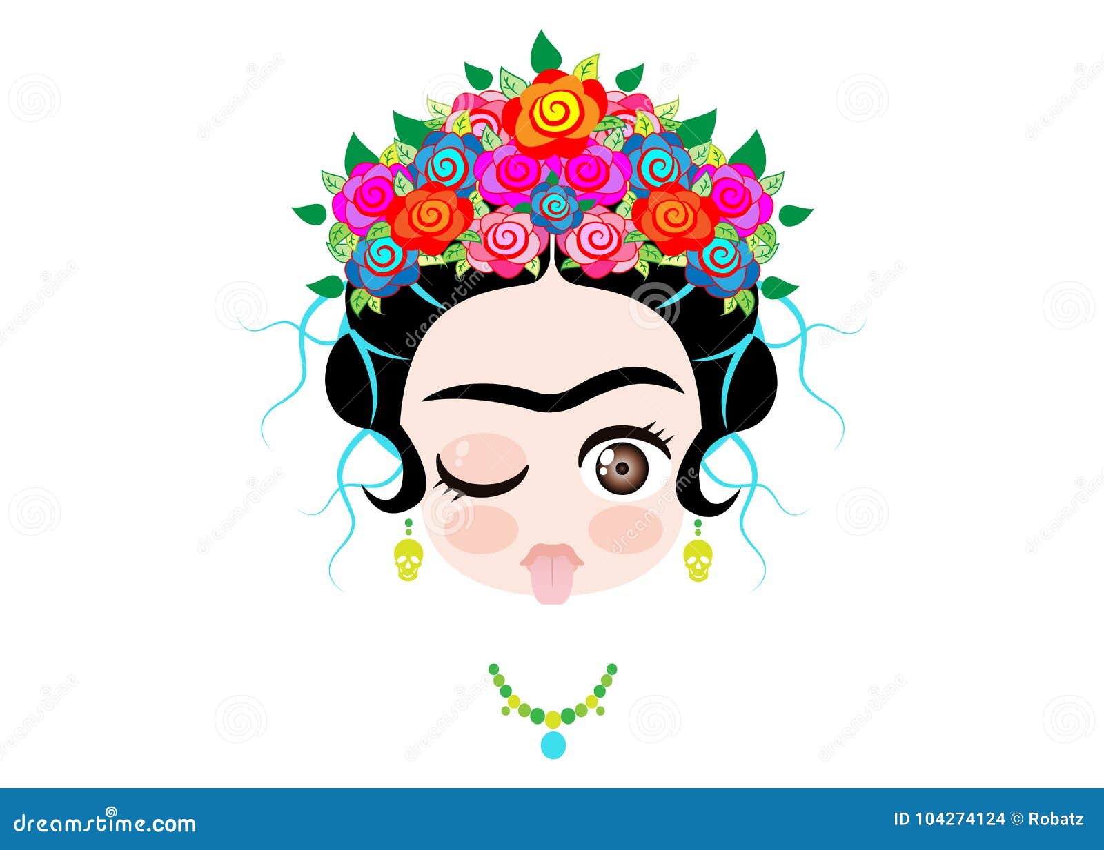 emoji baby frida kahlo to the tongue out with crown and of colorful flowers, 