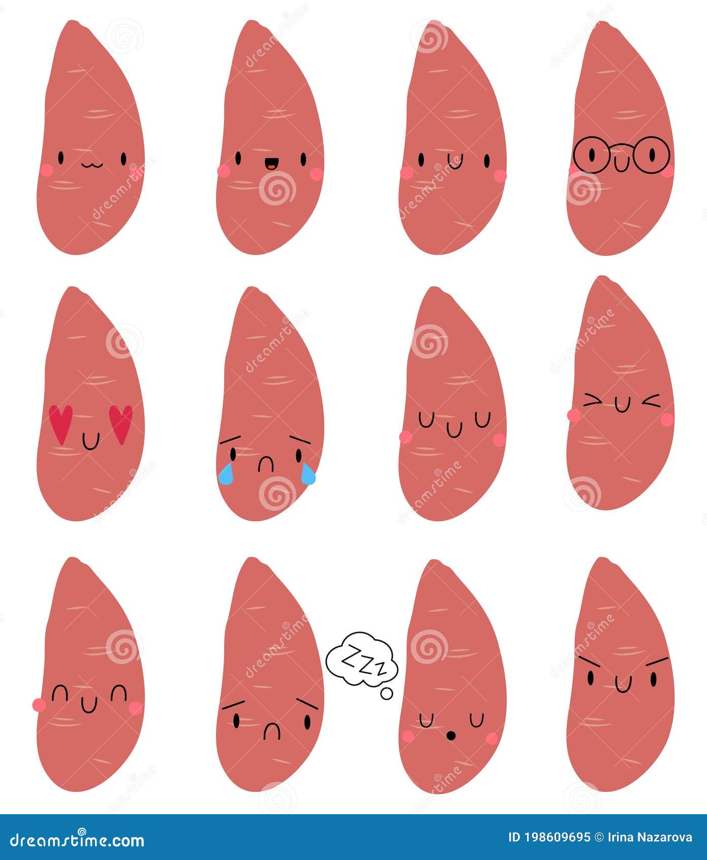 Set Kawaii Cartoon Sweet Potato. Stock Vector Illustration of