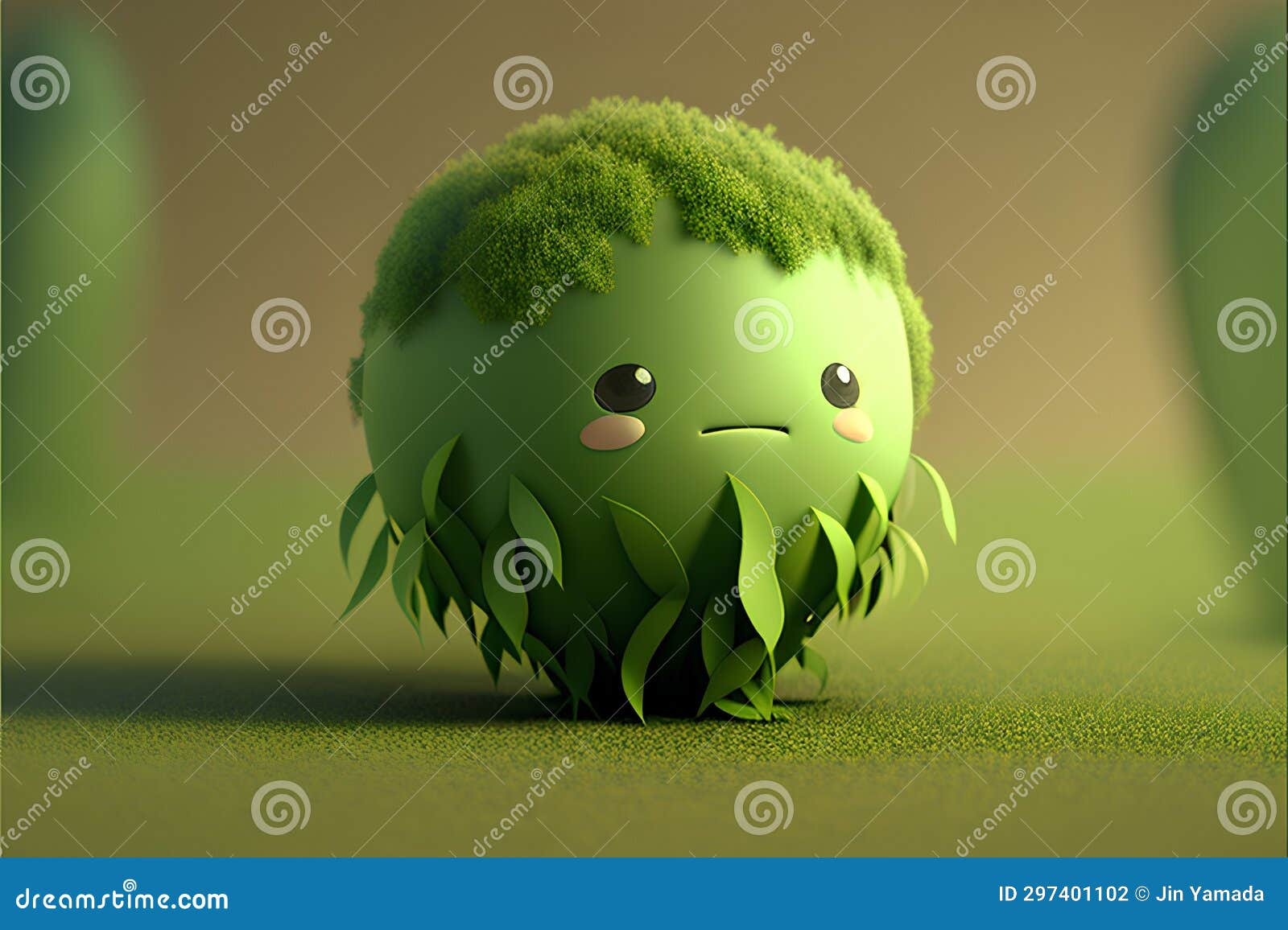Emoji of a Green Made of Grass. 3D Rendering Stock Illustration